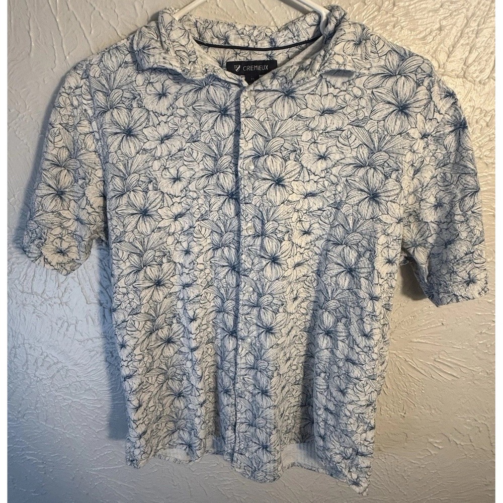 CREMIEUX Men M Hawaiian Blue White Floral Short Sleeve Cotton Polo Shirt Stretch
